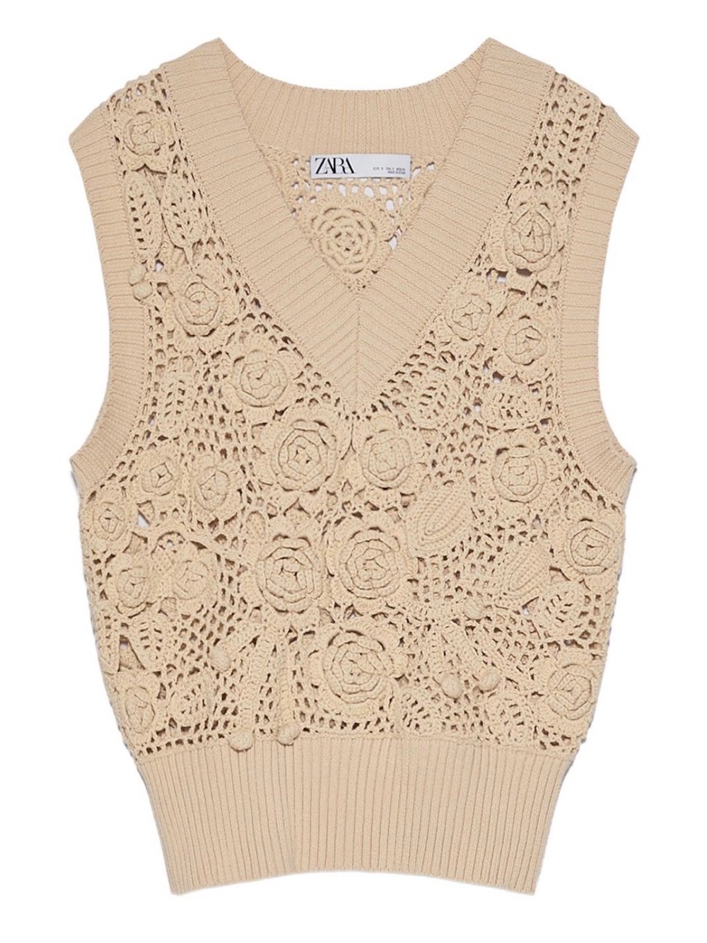 Zara Beige Flower Crochet V-Neck Sleeveless Knit Top